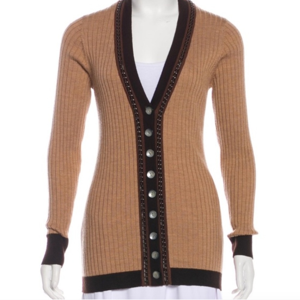 Nanette Lepore Chain-Accented Tan Cardigan